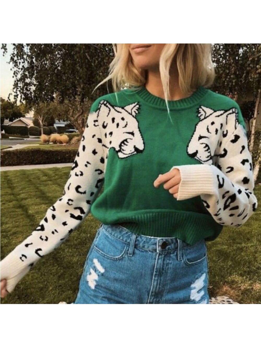 Boho Green Leopard Animal Print Cozy Sweater